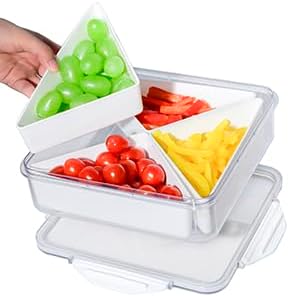 Paquete de 2 bandejas de verduras con tapa para organizador de refrigerador, contenedor dividido para aperitivos con 4 compartimentos para servir
