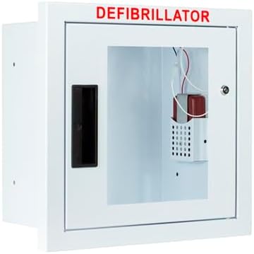 Armario AED totalmente empotrado, alarmado, compacto. Se adapta a muchos desfibriladores en el mercado. Mide 13.75 pulgadas de alto x 16.25 pulgadas