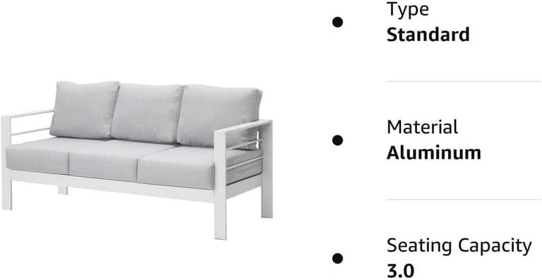 Kiss The Water Muebles de patio sofá de aluminio para todo tipo de clima, sofá de 3 asientos, silla de metal blanco con cojines gris claro
