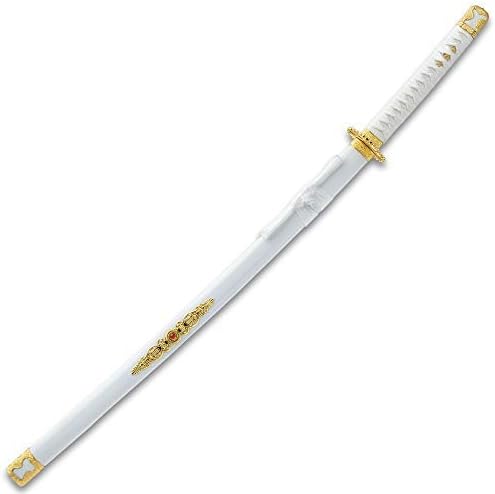 Katana de loto blanco con vaina de madera brillante, hoja de acero de alto carbono, mango de madera, envoltura de cables, accesorios de aleación de