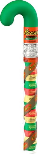 REESE’S Miniatures – Tazas de chocolate con leche y mantequilla de maní, bastón de plástico de caramelo de Navidad, 2.17 onzas