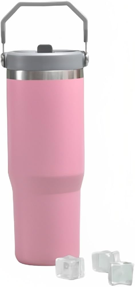 Vaso de acero inoxidable de 30 onzas con doble aislamiento al vacío con asa y tapa con popote, vaso a prueba de fugas, botella de agua con popote