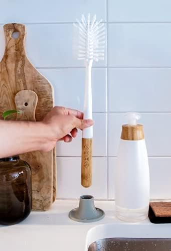 SOMA Cepillo largo para botellas de cabeza curva con soporte de silicona y mango de bambú, 14 pulgadas, gris