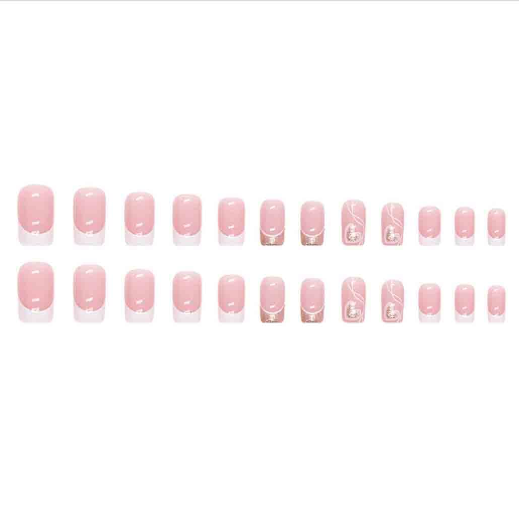 Foccna Uñas postizas a presión con punta francesa, uñas postizas medianas con diseño de amor, cuadradas, brillantes, color blanco brillante,