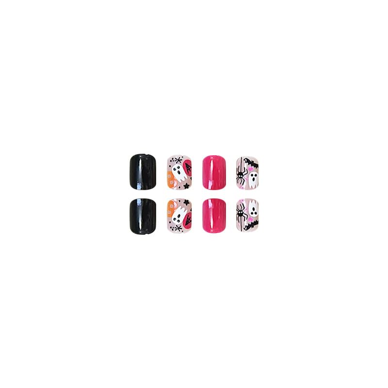 Uñas postizas cortas a presión de Halloween, uñas postizas cuadradas con diseños de fantasma, araña, murciélago, uñas acrílicas negras, uñas con
