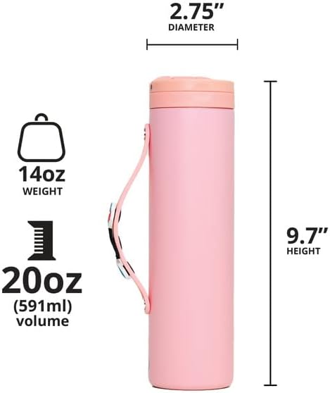 Elemental Iconic – Botella de agua para niños con tapa de popote y correa de dijes, a prueba de fugas cuando está cerrada, botella de agua