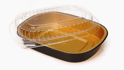 Handi-Foil Sartén oblonga de aluminio para llevar en color negro y dorado de 1 12 lb. con tapa transparente (paquete de 20)