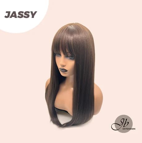 JASSY – Peluca de cabello largo natural liso marrón con flequillo completo, para usar y llevar, sin pegamento, pelucas sintéticas naturales para uso