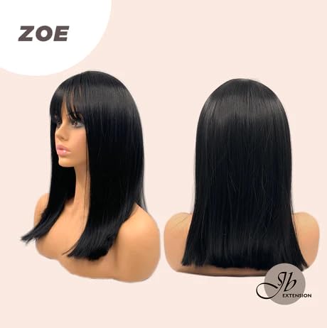 Peluca negra de corte recto ZOE con flequillo completo, pelucas rectas sin pegamento para mujer, pelucas sintéticas naturales para uso diario