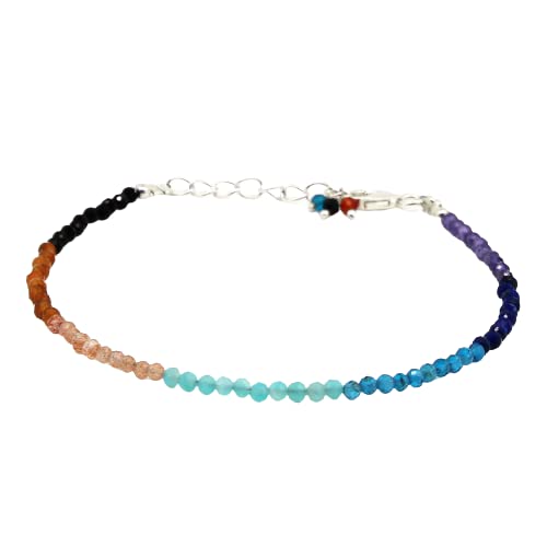 GemInspire Natural Full Beaded 7 Chakra Beads Bracelet, Handmade Jewelry, 925 Sterling Silver 8 Inch Adjustable Chain (7 Chakra)
