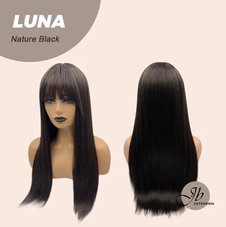 LUNA – Peluca larga y lacia de color negro natural con flequillo completo, para usar y llevar, sin pegamento, pelucas sintéticas naturales para uso