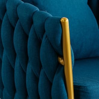 TRIPLE TREE Silla de comedor moderna de lino, sillas de tocador tejidas a mano con almohada de cintura, sillones con patas de metal dorado, cómoda