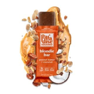 PARADISE SQUARED – Barra vegana de mantequilla de maní de coco Blondie, suave y masticable, sin gluten, kosher, a base de plantas, sin lácteos, sin