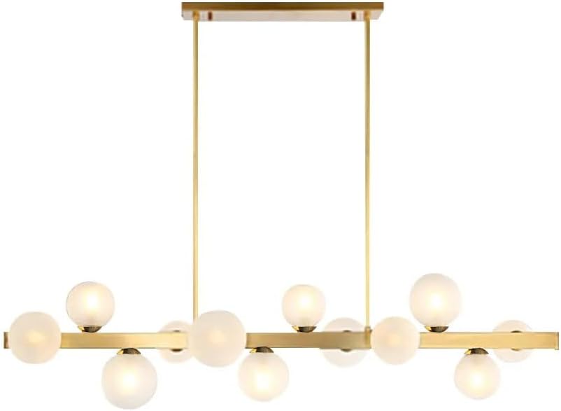 Lámpara de araña lineal moderna para isla de cocina con pantalla de vidrio blanco claro en oro (12 luces)