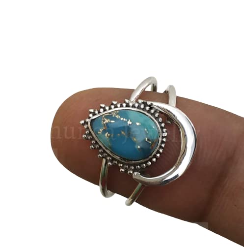 Blue Copper Turquoise ring, 925 sterling silver, Half Moon Shape Ring, Two band Ring, Boho Chic, Promise Wedding Jewelry, Classy Ring, Celestial