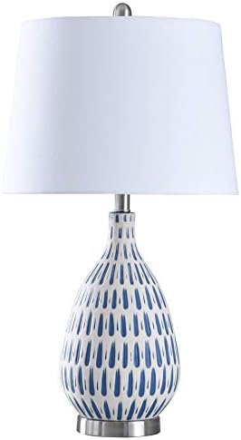 Marissa – Lámpara de mesa, color blanco, acabado azul, pantalla cónica blanca