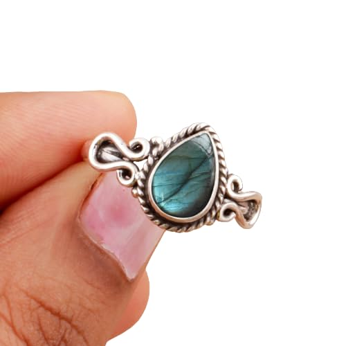 Natura Blue Flash Labradorite Gemstone Ring 925 Sterling Silver Handmade Ring For Women Wedding Engagement Gift For Her Tear Drop Solitaire