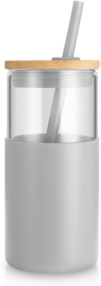 Vaso de vidrio de 20oz con popote (gris francés)