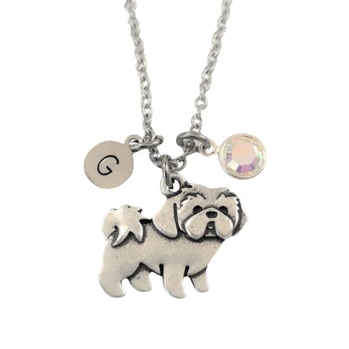 Personalized Shih Tzu Necklace with Optional Initial and Birthstone – Lhasa Apso Dog Memorial Gift