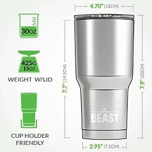 BEAST – Juego de vasos de 30 onzas con asa, color blanco ártico, taza de café de acero inoxidable + 2 cepillos para popotes, caja de regalo y mango