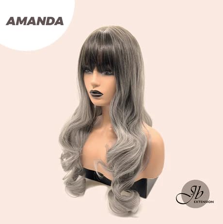 AMANDA – Peluca balayage gris con flequillo completo, larga y rizada, sin pegamento, pelucas sintéticas naturales para uso diario (pelucas de