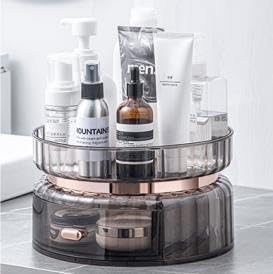 GORET Organizador de maquillaje con rotación de 360, soporte de maquillaje giratorio con cajón de gran capacidad para tocador, baño, perfume, lápiz