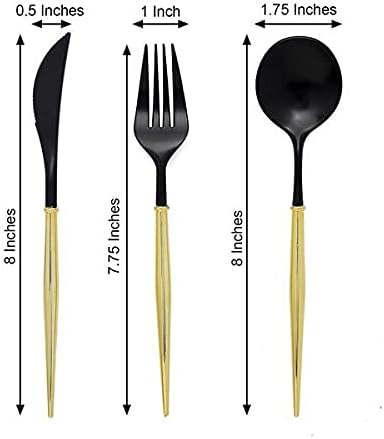 BalsaCircle – Juego de 24 cubiertos desechables de plástico negro y dorado, cuchara, tenedor y cuchillo, suministros de decoración de recepción