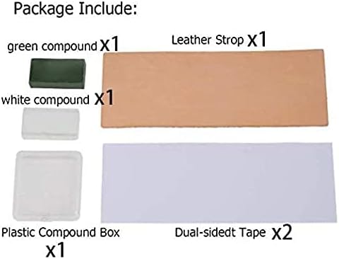 Trazo de cuero de doble cara de 8 x 3 pulgadas con cinta de doble cara, kit de compuesto de pulido verde y blanco para afilar cuchillos, cuchillos