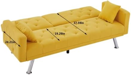 Cama futón plegable convertible tapizada de lino, sofá biplaza capitoné con botones, espacio de vida compacto, apartamento, dormitorio, habitación