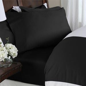 Elegance Linen Sin arrugas, juego de sábanas de 4 piezas de tejido suave y sedoso de 1200 hilos, tamaño Queen, color negro sólido