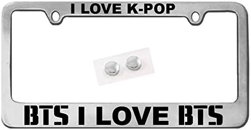 Marco de matrícula personalizado “I Love BTSK-POP, plateado, cromado + calcomanía BTS (mismo color) cromo brillanteajuste universal (negro)