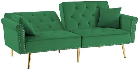 Sofá cama convertible de tela de lino de terciopelo de 76 pulgadas, sofá futón de espuma viscoelástica, sofá cama moderno con respaldo ajustable y 2
