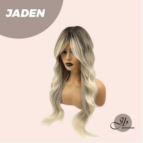 JADEN – Peluca larga rubia ondulada con raíces oscuras y flequillo en capas, pelucas sin pegamento para mujer, pelucas sintéticas naturales para uso