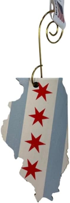 Adorno de Navidad de Chicago de madera con forma de Illinois, decoración de recuerdo de la bandera de la ciudad hecha a mano con gancho de metal