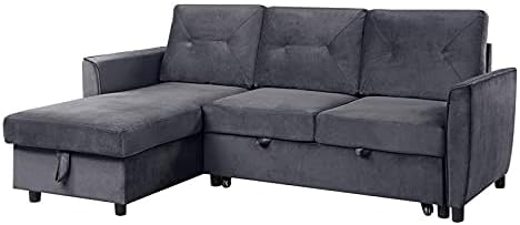 Bowery Hill Sofá cama reversibleseccional de terciopelo gris oscuro con diván de almacenamiento