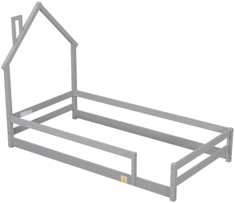 Base de cama individual para niños, cama Montessori de tamaño individual con cabecera y barandillas en forma de casa, camas de madera de tamaño
