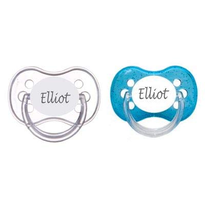 Chupete personalizado con nombre, paquete de 2 unidades con purpurina azul y blanco, (disponible de 0 a 6 meses y 6 a 18 meses), chupete grabado,