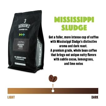 3 Arrows Coffee Co. Mississippi Sludge – Grano entero tostado oscuro, 12 onzas, con notas de sabor de maní suave, cacao, cítricos, tostado