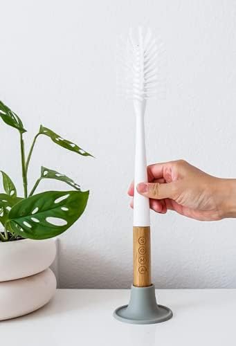 SOMA Cepillo largo para botellas de cabeza curva con soporte de silicona y mango de bambú, 14 pulgadas, gris