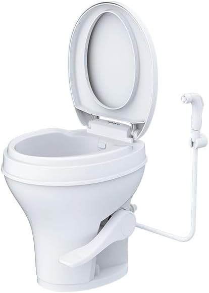 SEAFLO Inodoro RV – Altura estándar, descarga por gravedad, pedal de pie, tapa de cierre suave con accesorio rociador