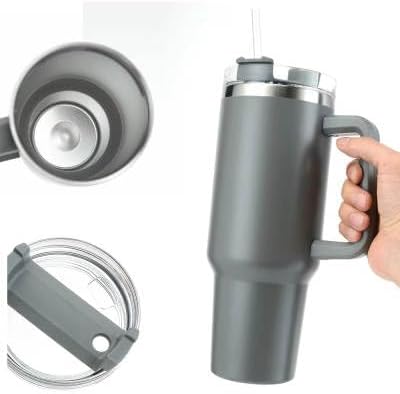 Vaso de 40 onzas con asa y tapa con pajilla, taza de viaje aislada de acero inoxidable para bebidas calientes y frías, taza grande simple y elegante