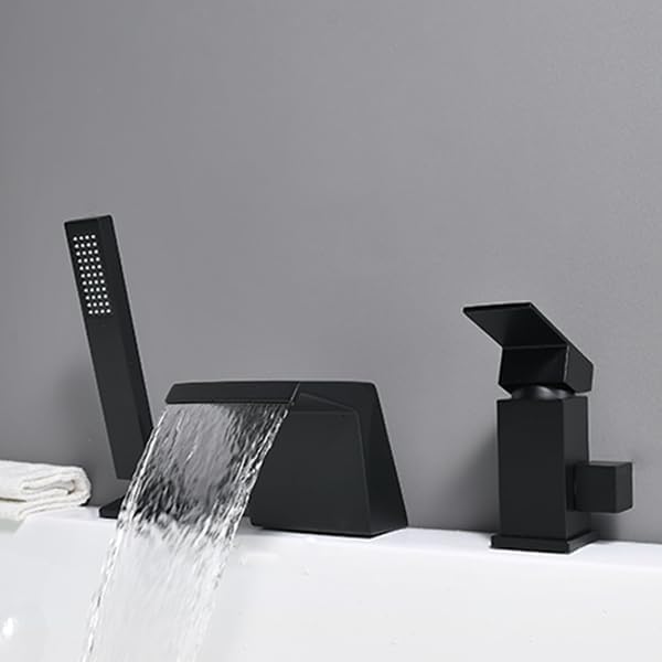 LIWEIKE Grifo de bañera romano con pulverizador, grifo de bañera romano negro mate, montaje en cubierta, juego de grifo de bañera de 3 agujeros con