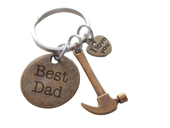 Bronze Hammer Charm Keychain with I Love You Heart Charm and Engraved Best Dad Disc, Father’s Tools Keychain