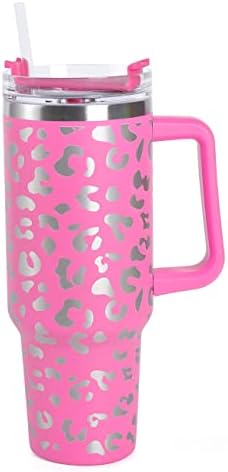 Vaso de 40 onzas con asa, termo de acero inoxidable con diseño de leopardo, taza de café, taza de café para exteriores, para automóvil, deportes,