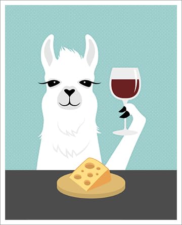 A 6J – White Llama Drinking Wine and Eating Cheese UNFRAMED Wall Art Print by Lee ArtHaus