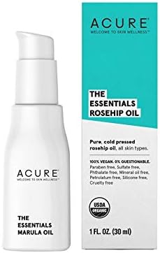 Acure Organics The Essentials – Aceite de rosa mosqueta prensado en frío para cara y cuerpo, suero natural antienvejecimiento y daños ambientales