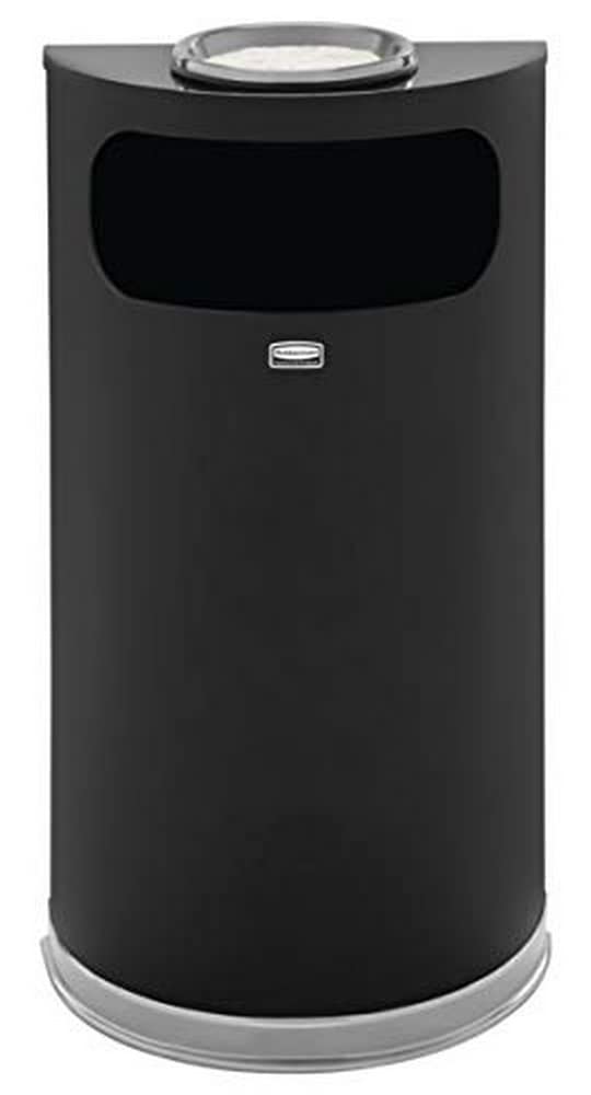 Rubbermaid Commercial Products – Basurero de acero semicircular, 9 galones, color negro, para interiores y exteriores, con apertura lateral para