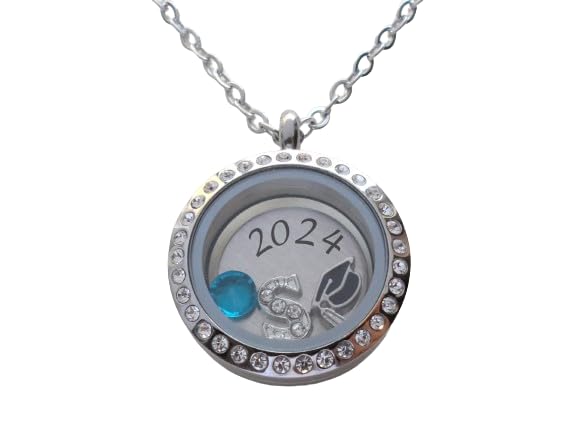 Custom Graduate Circle Floating Charm Locket Necklace, Stainless Steel Locket, Graduation Gift, Good Luck on the Path Ahead, Class of 2024 or Other