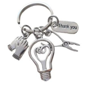 Electrician or Housekeeping Appreciation Keychain with Light Bulb, Pliers, Work Gloves & Thank You Charm, Employee Appreciation Keychain Electrician or Housekeeping Appreciation Keychain with Light Bulb, Pliers, Work Gloves & Thank You Charm, Employee Appreciation Keychain