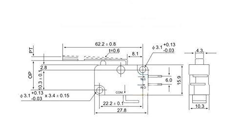 6 piezas V-153-1C25 Micro interruptor de límite largo recto bisagra palanca brazo SPDT Snap Action LOT para Arduino (paquete de 6) CYT1068